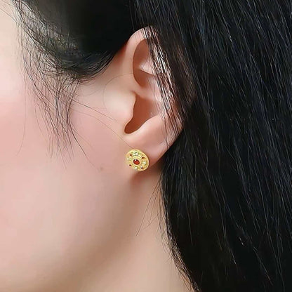 Elegant Enamel Craft Enamel Eight Treasures Compass Stud Earrings For Women 24K Gold AU999, Delicate glaze with ancient charm