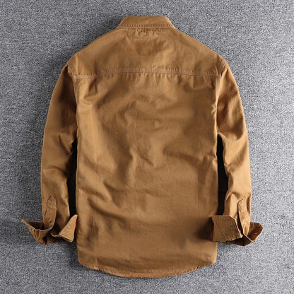 Spring New Japanese Retro Long-Sleeve Lapel Woven Cargo Shirt Men's Simple 100% Cotton Washed Double Pocket Casual Youth Blouses