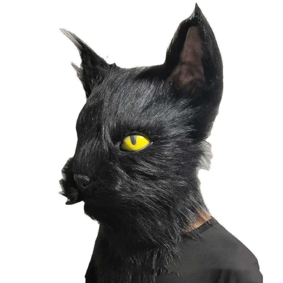 Latex with Fur Black Cat Cosplay Mask Scary Helmet Animal Funny Costume Hood Hair Mask Headwear Adult Halloween Party Props