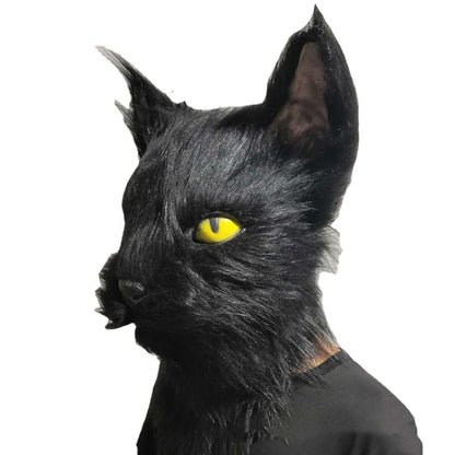 Latex with Fur Black Cat Cosplay Mask Scary Helmet Animal Funny Costume Hood Hair Mask Headwear Adult Halloween Party Props