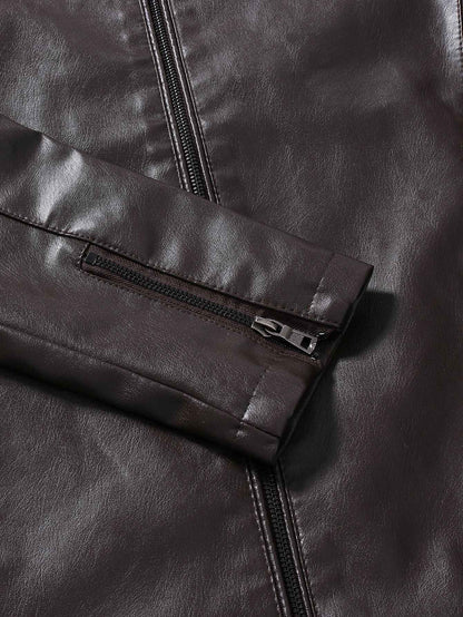 2024 Spring New Men's Business Casual Slim Long-sleeved Pu Leather Jacket Jacket Side Seam Pocket Zipper Solid Color