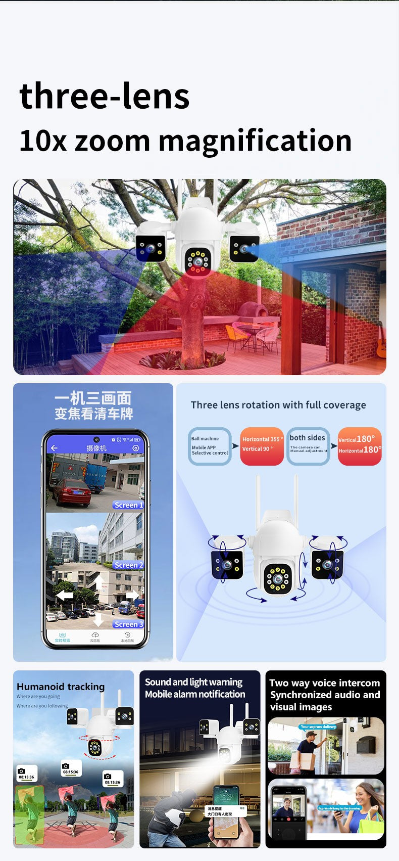 6K 12MP WiFi Surveillance Camera, 3 Lens 3 Screens,10X Digital Zoom, AI Human Detect, 8mp Outdoor Security PTZ IP Cameras