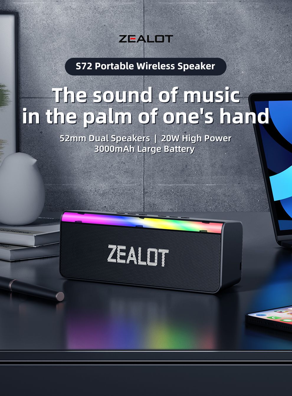 Caixa de Som Bluetooth Externa Zealot-S72 20W Som Superior e Graves IPX6 À Prova d'Água 10H de Reprodução Caixa de Som Portátil