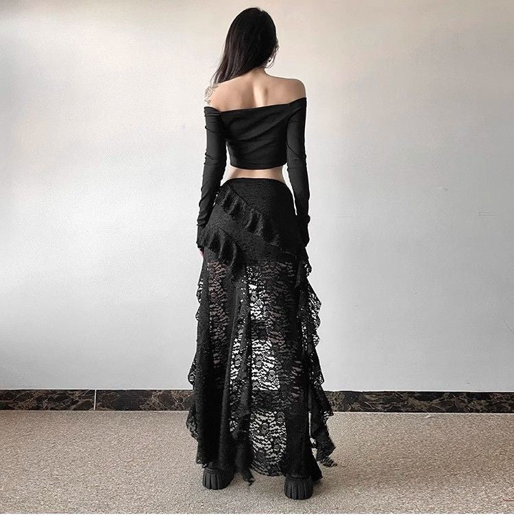 Gothic Skirt 2000s Summer Women's Clothes Gyaru Kpop Streetwear Lace High Waist Casual Aesthetic Long Skrit Femme Hip Hop Skirts
