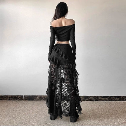 Gothic Skirt 2000s Summer Women's Clothes Gyaru Kpop Streetwear Lace High Waist Casual Aesthetic Long Skrit Femme Hip Hop Skirts
