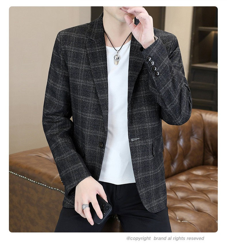Blazer's New Men's Fashion Outdoor Travel Camping Youth Wedding Hosting Campus Slimming Casual Checkered Korean Version Blazer