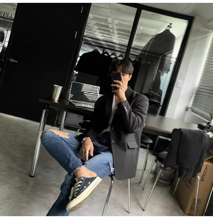 Korean Men's Casual Blazer Western-style Loose-fit Black Single-breasted Jacket Autumn Trendy Dongdaemun Style Clothes