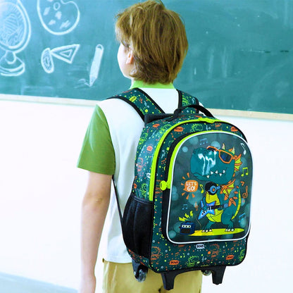 Mochila de Rodinhas de Dinossauro 3 Peças para Meninos, Mochila Escolar Infantil com Rodas, Mochila de Rolamento com Lancheira para o Ensino Fundamental