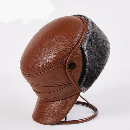 Men's Genuine Leather Duckbill Hat Winter Thickened Warm Outdoor Earflap Cotton Cap Elderly Real Leather Hat Cowhide Warm