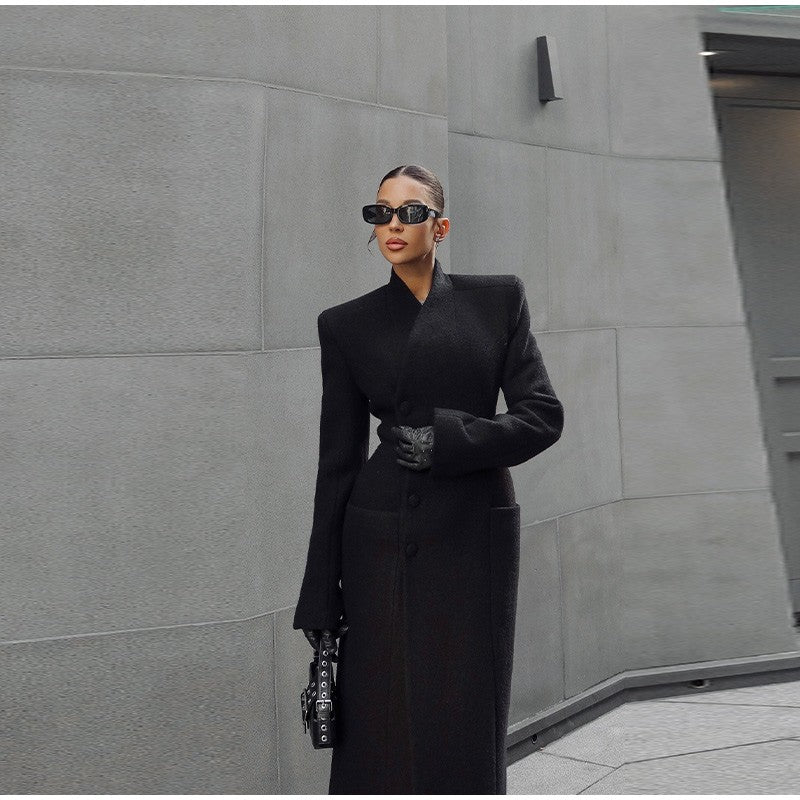 Black Tailored Long Coat Women Elegant Asymmetric Button Front Pockets Full Sleeve Criss-cross Neck Jacket 2025 Casual Outerwear