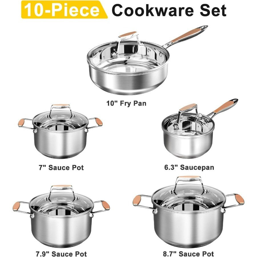 Conjunto de Panelas de Aço Inoxidável 5 Camadas com 10 Peças Incluindo Frigideira, Panela e Caçarolas para Indução e Todos os Fogões, Não-Aderente