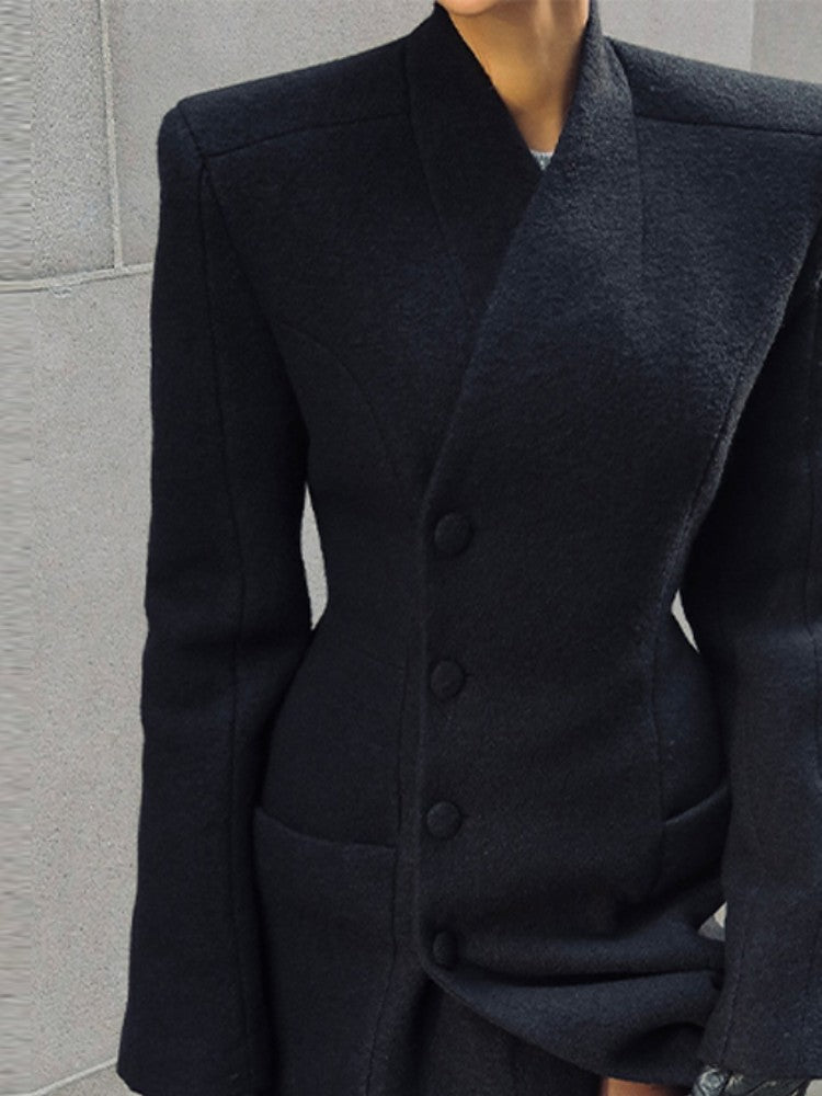 Black Tailored Long Coat Women Elegant Asymmetric Button Front Pockets Full Sleeve Criss-cross Neck Jacket 2025 Casual Outerwear