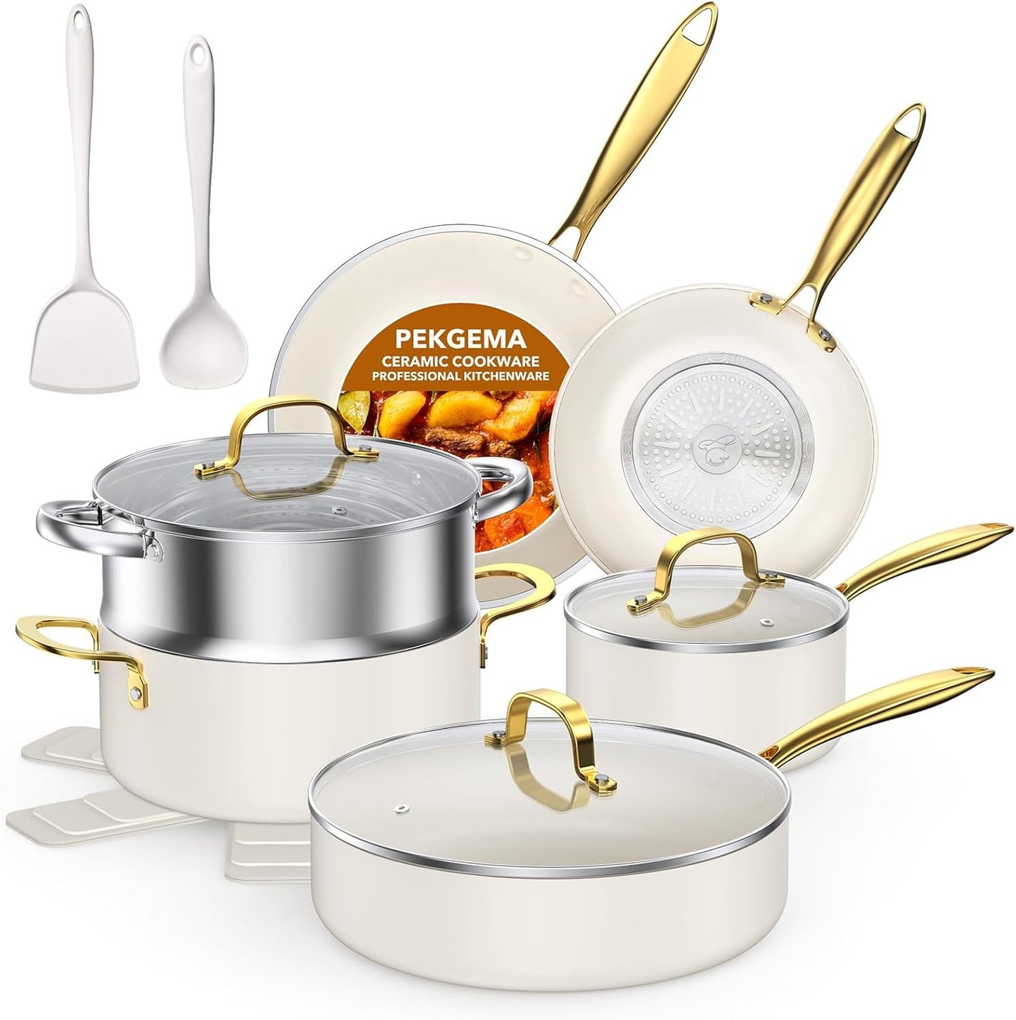 Ceramic Cookware Set 15-Pieces, Pots and Pans Set Non Stick, Oven Safe Non Toxic, Kitchen Cookware Set, PFOA PTFE FREE, Gold Wh