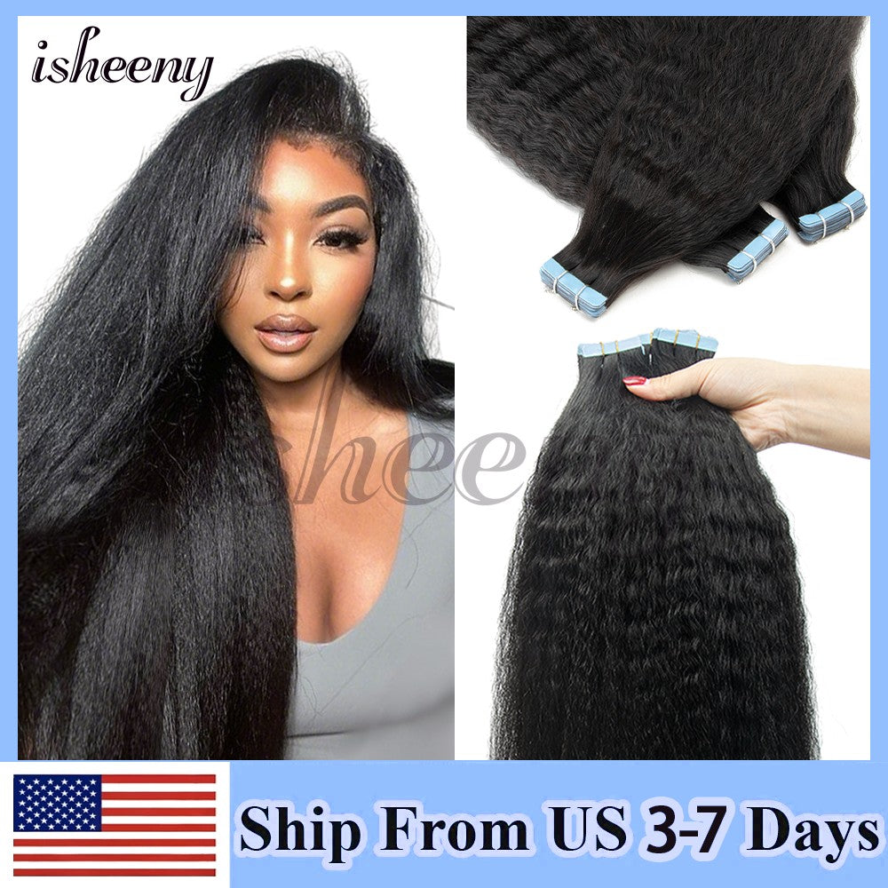Apliques de Cabelo Humano Kinky Straight com Fita Invisível 12"-20" Preto Natural Cabelo Remy Verdadeiro com Fita Fácil de Usar para Mulheres