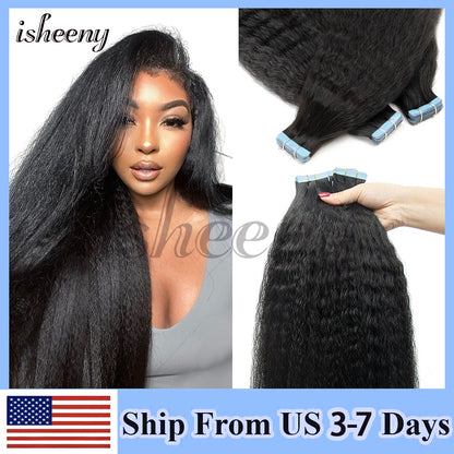 Apliques de Cabelo Humano Kinky Straight com Fita Invisível 12"-20" Preto Natural Cabelo Remy Verdadeiro com Fita Fácil de Usar para Mulheres