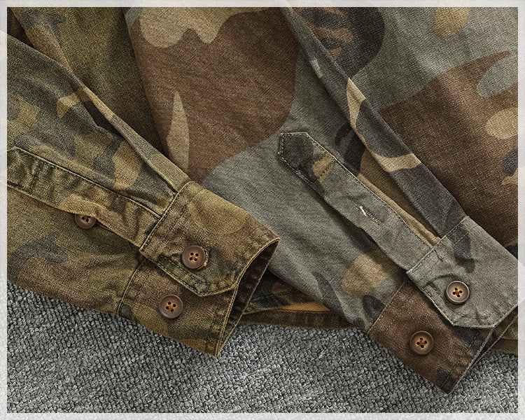2024 Autumn and Winter New American Retro Woven Camouflage Cargo Shirt Men's 100% Cotton Washed Old Double Pockets Thin Jacket