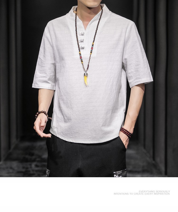 2023 Men Summer Cotton Linen Tang Shirt Men Chinese Style Button Short-Sleeved Shirts Male Blouse Vintage Kung Fu Hawaiian Shirt