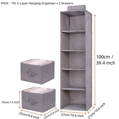 5 Layers Hanging Storage Bag Cotton Linen With 2 Drawers Cap Clothes Socks Pants Shoe Organizer Rack For Home Bedroom Closet
