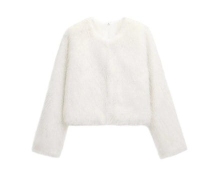 Faux fur jacket Traf   Fall/Winter New Fashion Women's Faux Fur Effect Round Neck Long Sleeve Short Jacket 2025