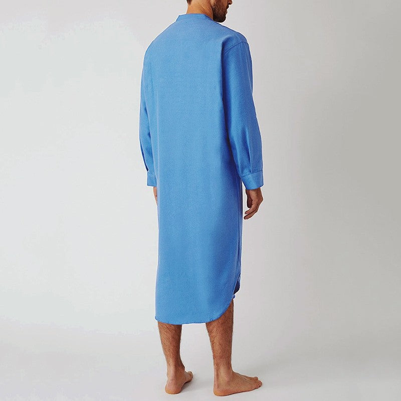 Men's Cotton Button-down Sleep Robe Solid Color Stand Neck Long Sleeve Nightgown Fashion Comfortable Home Wear Loose Bathrobe