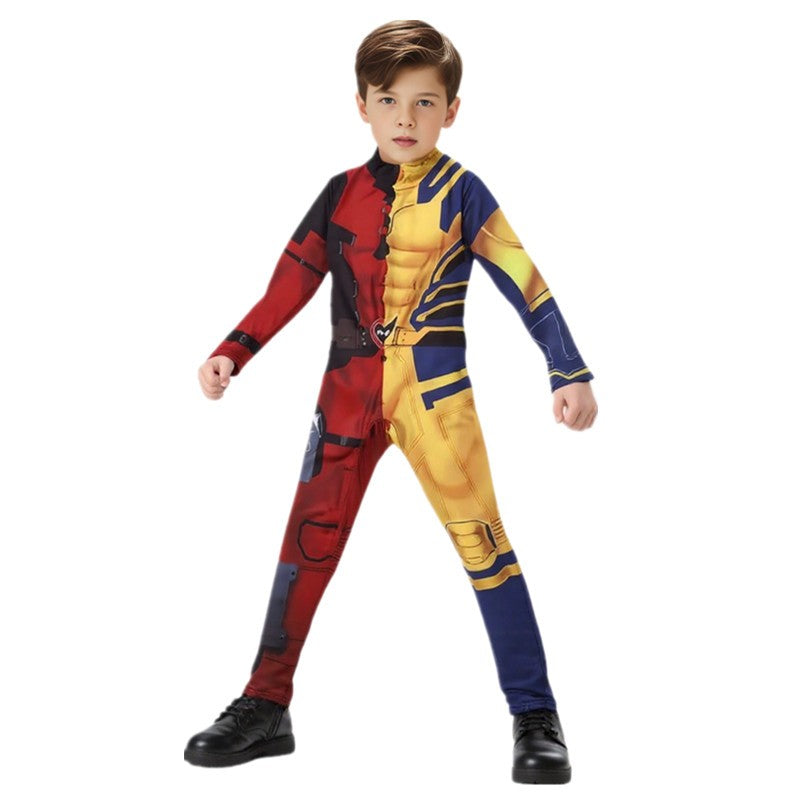 3-12Y Fantasy Movie Boy Wolverine Role Play Costume Printed Zipper Superhero Bodysuit Halloween Kids Performance Costume Party