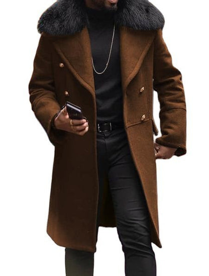 European and American Men's Casual Woolen Coat for Autumn and Winter, Young Men's Double-breasted Fur Collar Overcoat S-5XL
