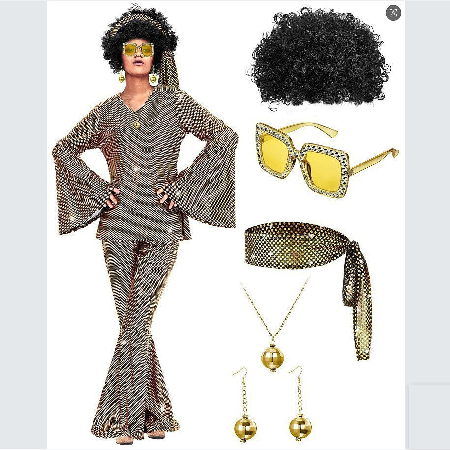 Ladies' Halloween disco party 70s disco costume set, including top, pants, sunglasses, necklace, earrings, and wig, role-playing