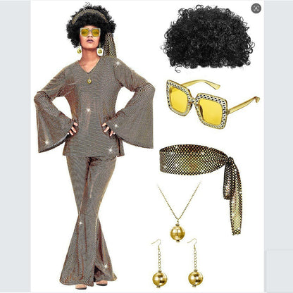 Ladies' Halloween disco party 70s disco costume set, including top, pants, sunglasses, necklace, earrings, and wig, role-playing