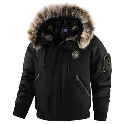 Men's Winter Black Aviator Jacket with Detachable Faux Fur Trimmed Hooded Cold Fashion Embroidered Badge and Zipper Pockets