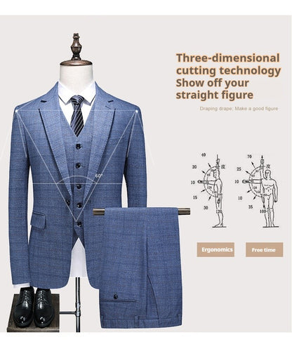 Mens Suits 3 Piece Business Office Formal Set Checkered Pattern Slim Fit Blazer Vest Pants High Quality Luxury Work Wedding