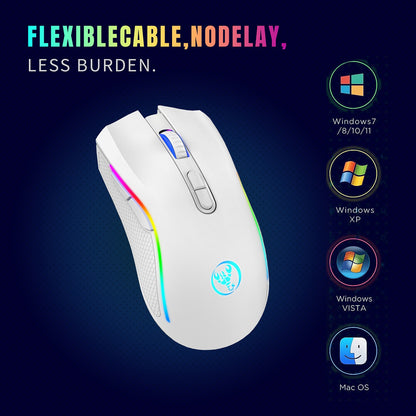 Mouse Mecânico Sem Fio RGB HXSJ T69 2.4G Mouse Gamer Ergonômico com 7 Botões Programáveis 4800DPI para Escritório e Jogos