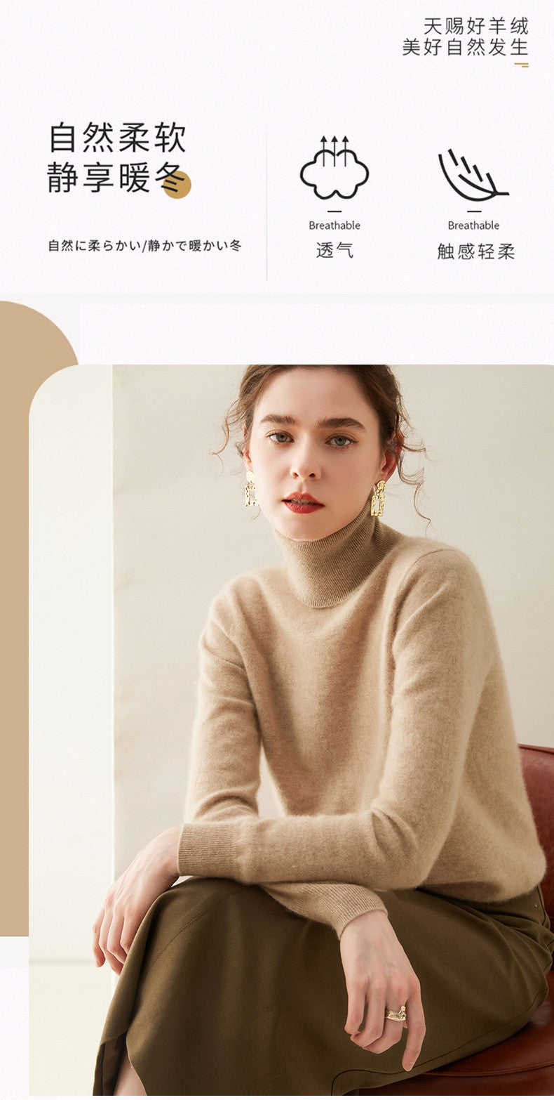 Suéter de Cashmere Feminino Gola Alta Manga Comprida Pulôver de Malha 100% Cashmere Puro Suéter Básico Versão Coreana Top Feminino