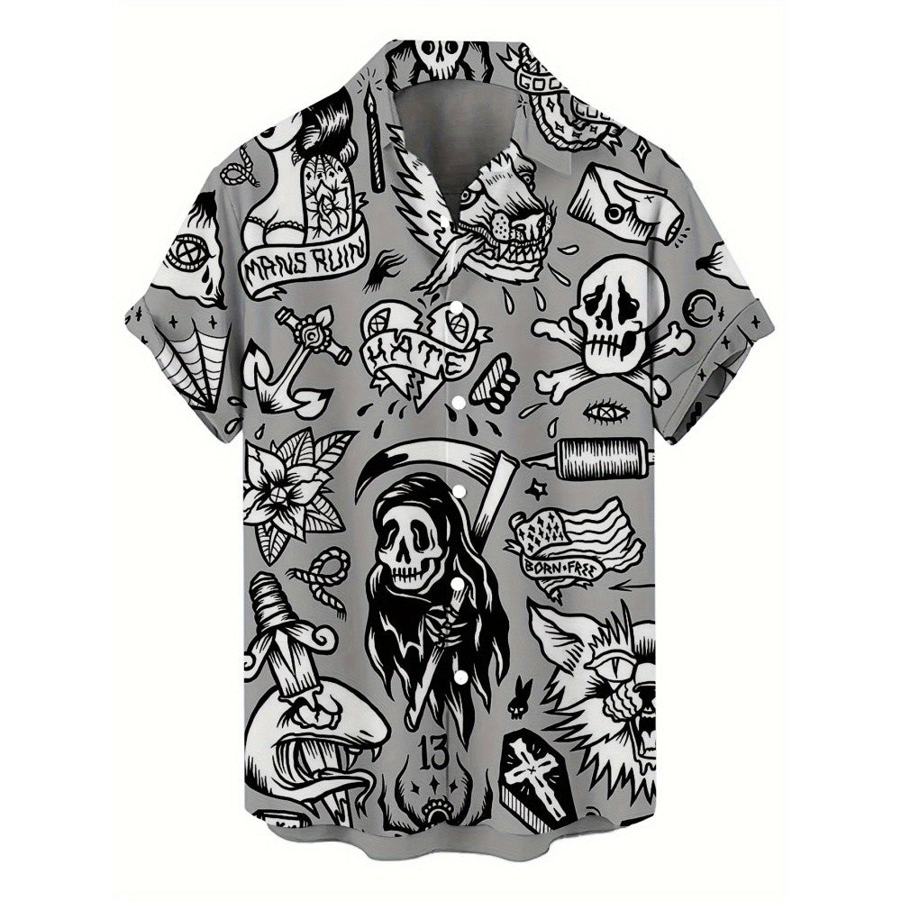 Skull 3D Printed Men's Hawaiian Shirt Street Gothic Style Trendy Vintage Lapel Tops Summer Y2K Casual Short Sleeve Beach Shirt