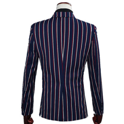 Navy Blue Mens Double-breasted Suit Two-piece Set, White Vertical Striped Jacket Paired with Matching Trousers, Asian Size S-XXL