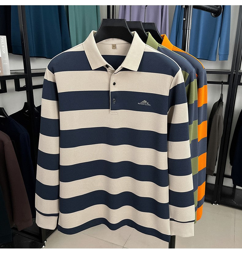 Unique stripe color blocked long sleeve polo shirt men high-end trend brand letters embossed spring autumn new comfort T-shirt