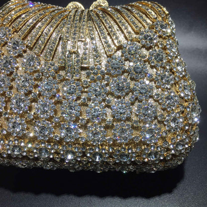 Women Gold Color Flower Rhinestones Clutch Bags Crystal Evening Purse Stones Metal Clutches Small Minaudiere Handbag Wedding Bag