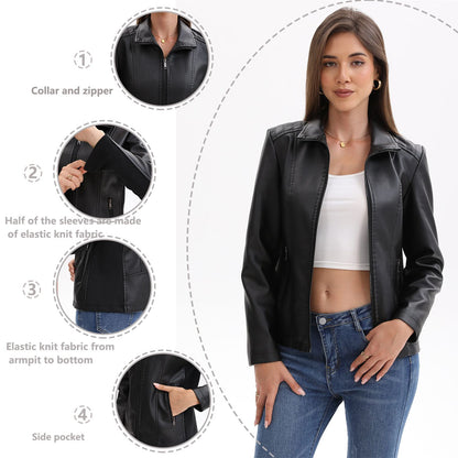 2025 Women’s Stylish Brown Faux Leather Jacket - Slim Fit, Trendy Moto Style with Zipper Detail PU Coat.