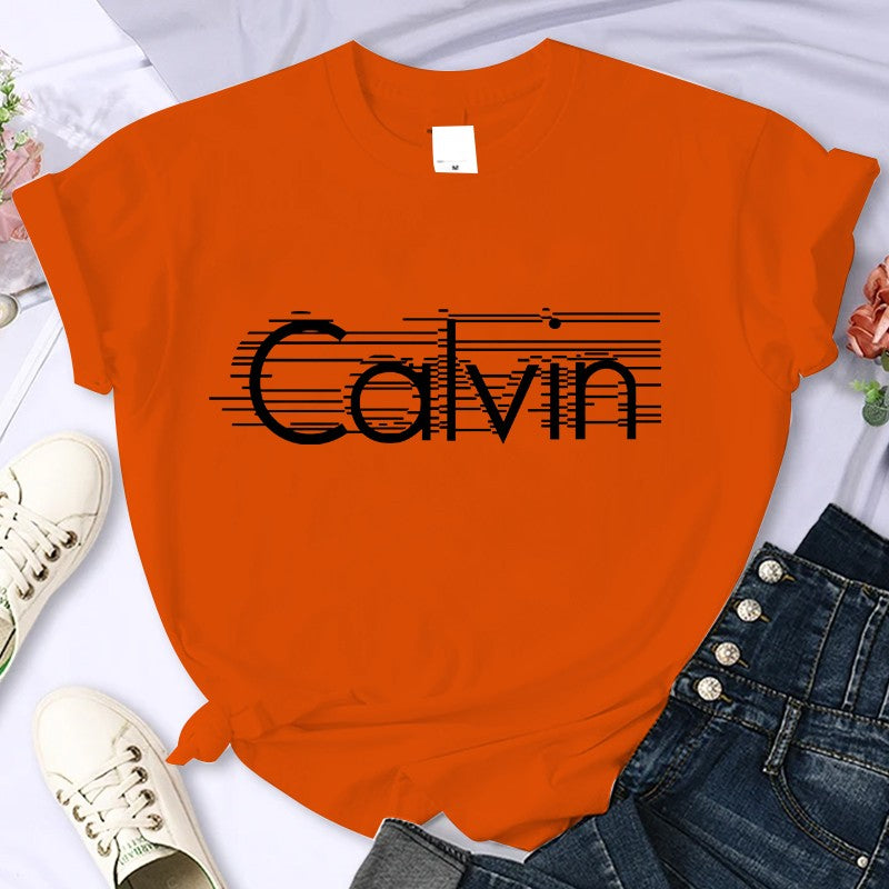 Women's summer 100% pure cotton fashionable casual loose Calvin letter pattern printed round neck short sleeved T-shirt top