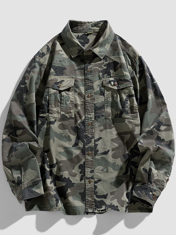2024 New 95% Cotton Men's Shirt Camouflage Long Sleeve Drop Shoulder Button Pockets Cowboy Loose Casual Work Jeans Shirts
