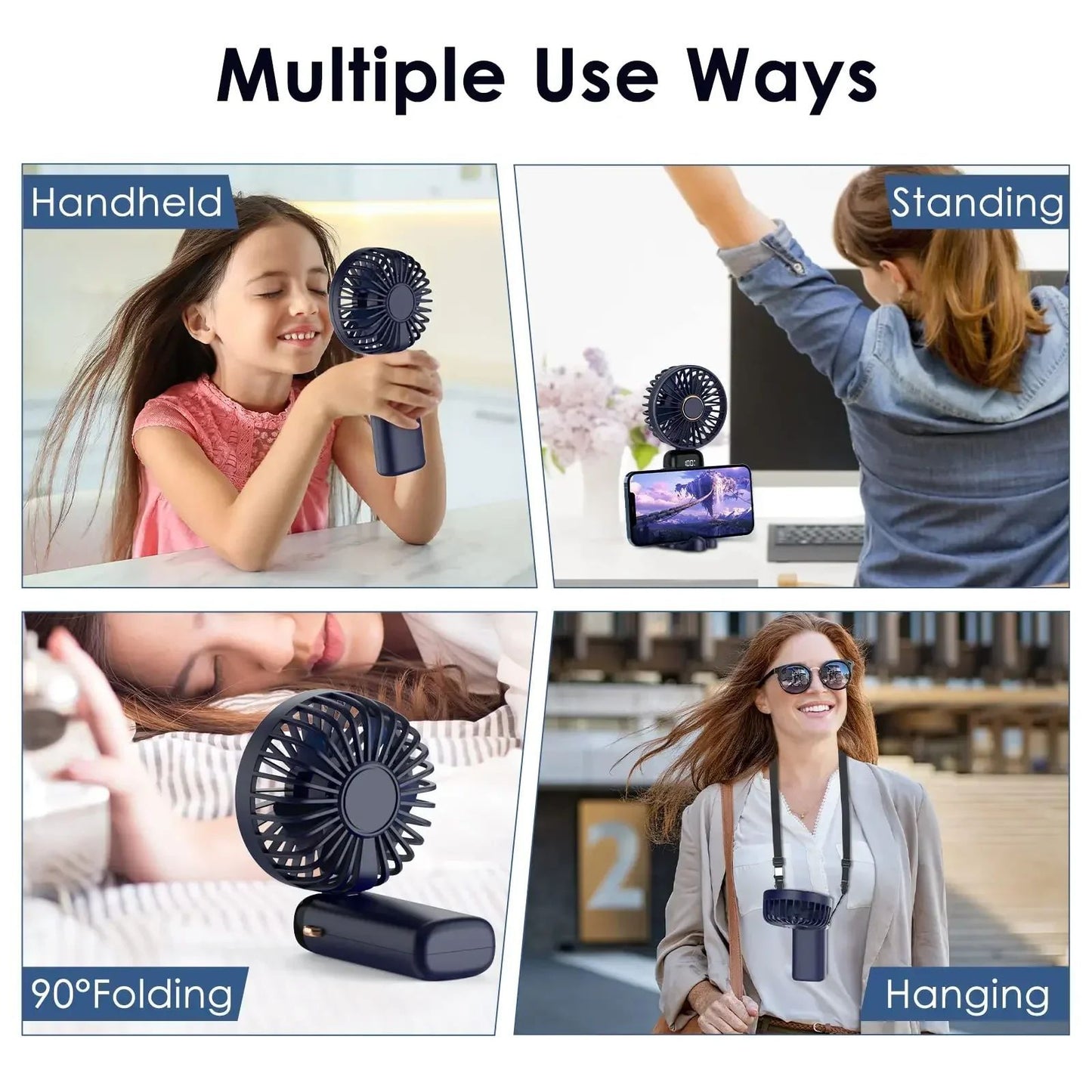 Ventilador Portátil Recarregável 5000mAh Dobrável 90° 5 Velocidades Mini Ar Condicionado Pequeno Ventilador Refrigerador de Ar com Display Digital LED