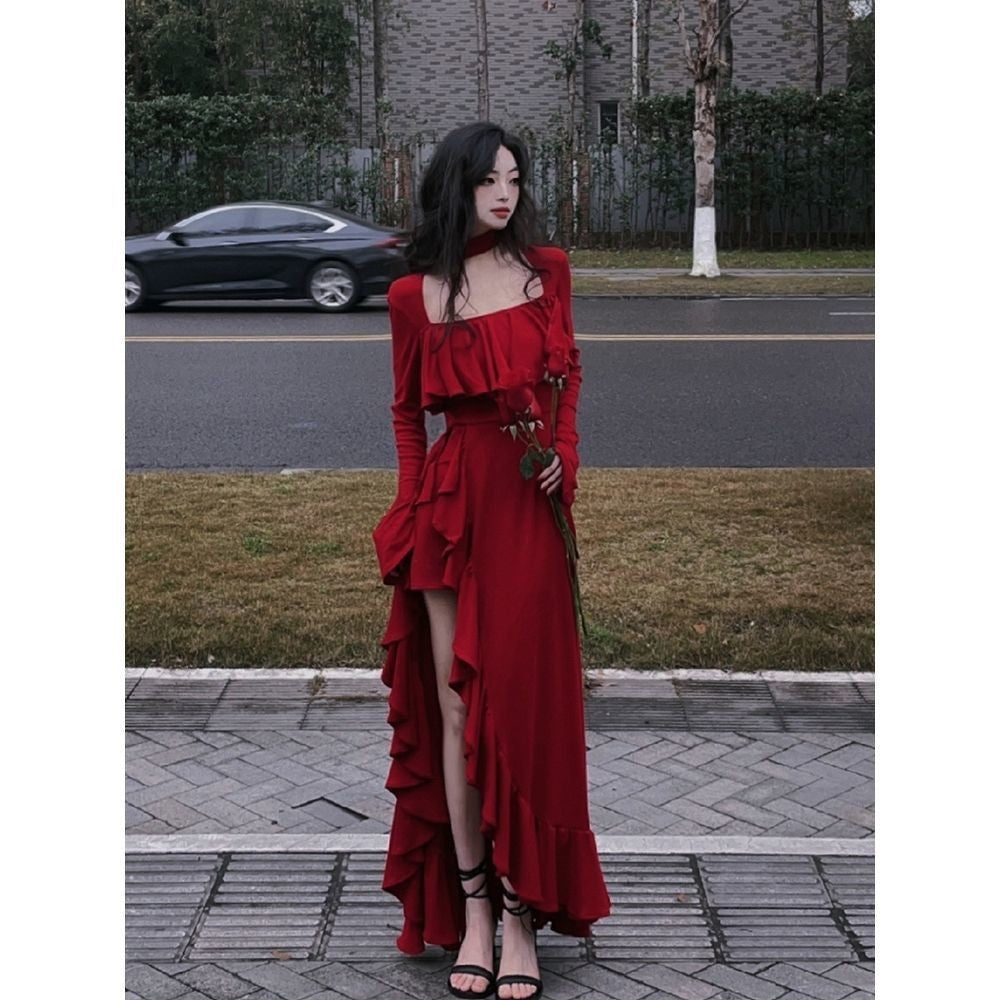 2025 Spring Women Elegant Long Slevee Midi Dress Female Red Square Collar Ruffle Party Dress Christmas Irregular Prom Dress