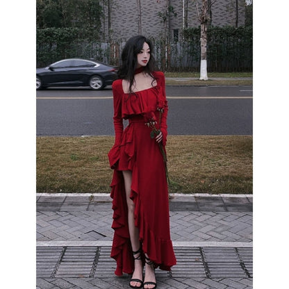 2025 Spring Women Elegant Long Slevee Midi Dress Female Red Square Collar Ruffle Party Dress Christmas Irregular Prom Dress