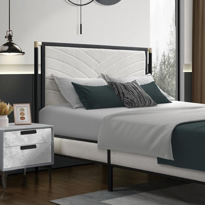 New Title: "Full Size Bed with White Boucle Fabric Headboard, Champagne Silver & Black Frame - Modern Design