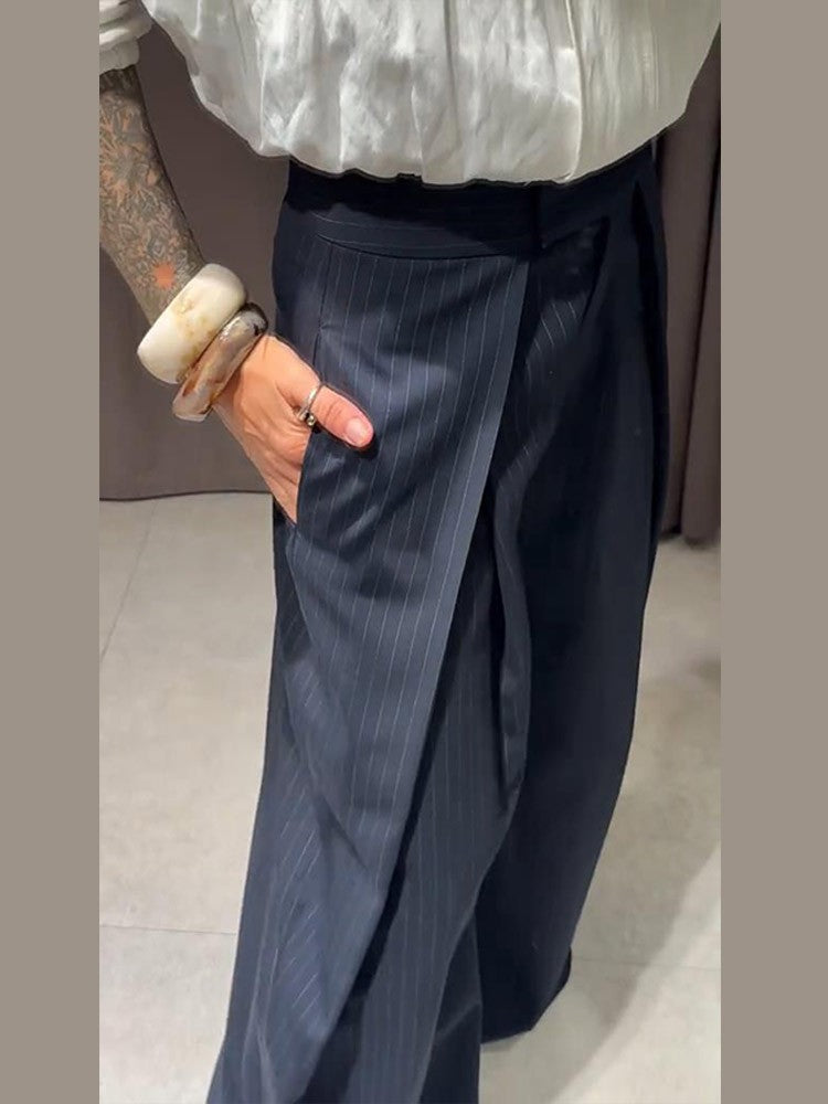Casual Striped Loose Pants Women High Waist Pleated Straight Long Wide Leg Trousers Female 2025 Fashion Autumn Lady Bottoms