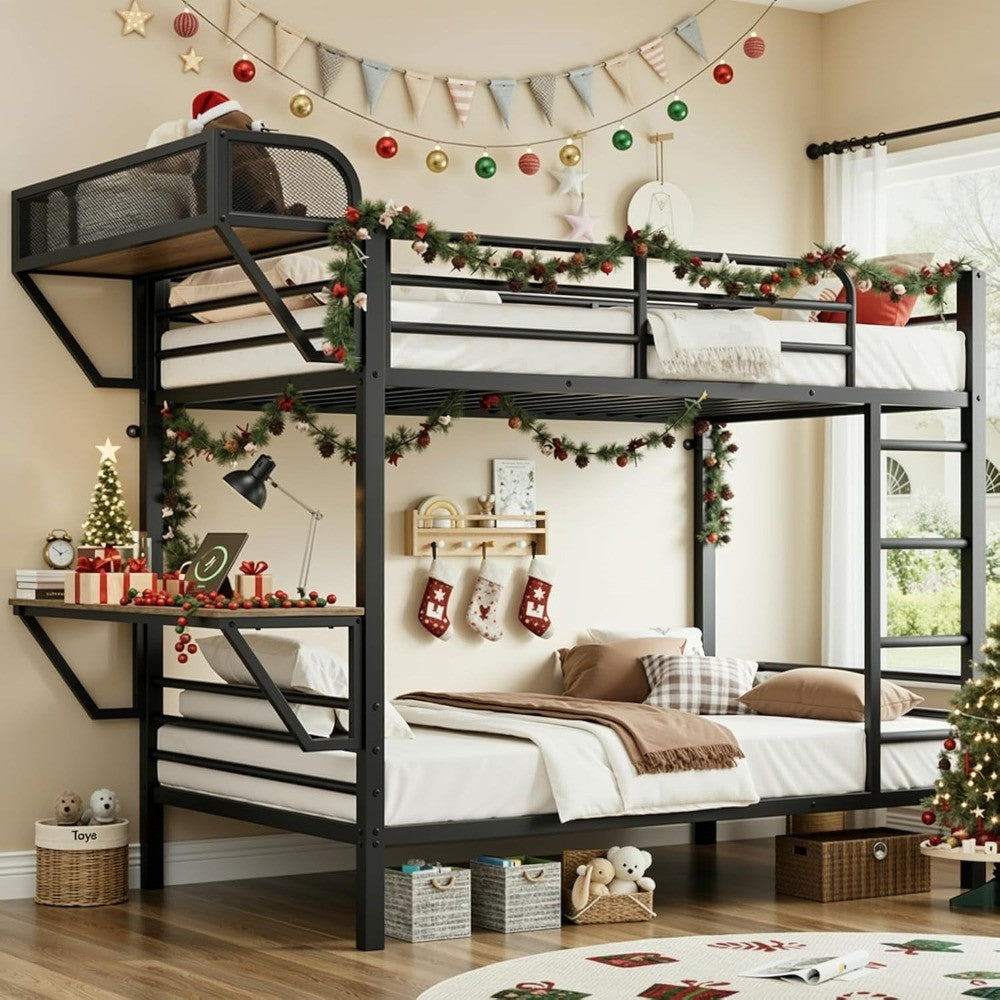 Twin Over Twin Metal Bunk Beds with Power Outlets & Desk, Heavy-Duty Frame with Safety Guardrail & Ladders, U