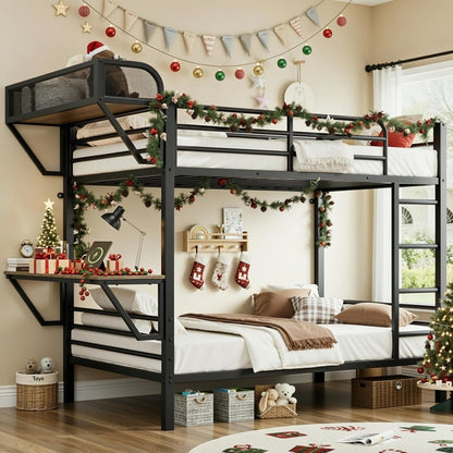 Twin Over Twin Metal Bunk Beds with Power Outlets & Desk, Heavy-Duty Frame with Safety Guardrail & Ladders, U