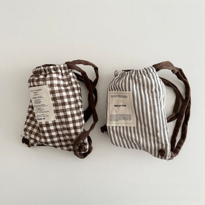 Mochila de cordão estilo coreano para bebês, inverno, bolinhas, listras, xadrez, leve, bolsa de ombro para crianças