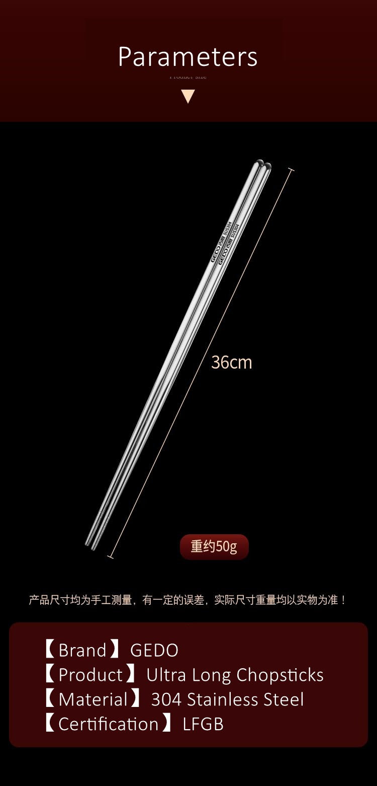 Hashis Ultra Longos de 36cm para Fritura Profunda Certificação LFGB Aço Inoxidável 304 Isolamento Térmico Hashis para Hotpot para Cozinha