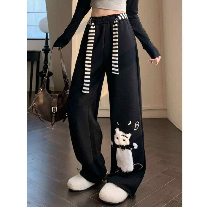 Cat Sweatpants Women Black Wide Leg Cute Casual Pants American Lazy Loose Fit Streetwear Spring Summer Trendy Unisex Outfit New