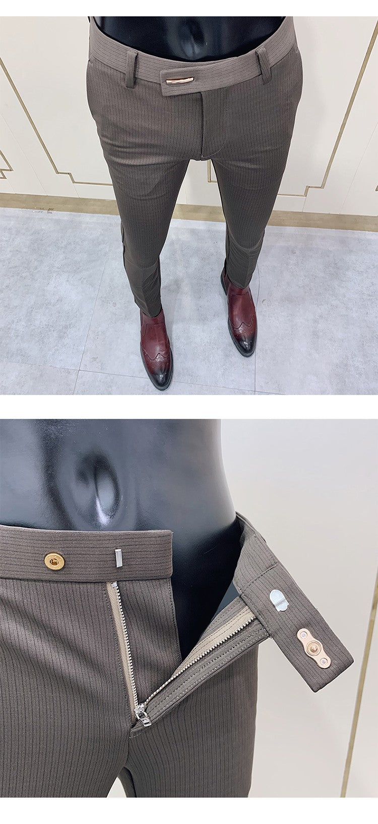 Calça Social Listrada Masculina Slim Fit com Tornozelo Justo Calça Social Masculina para Escritório e Festa Calça Social Masculina para Negócios Slim Fit